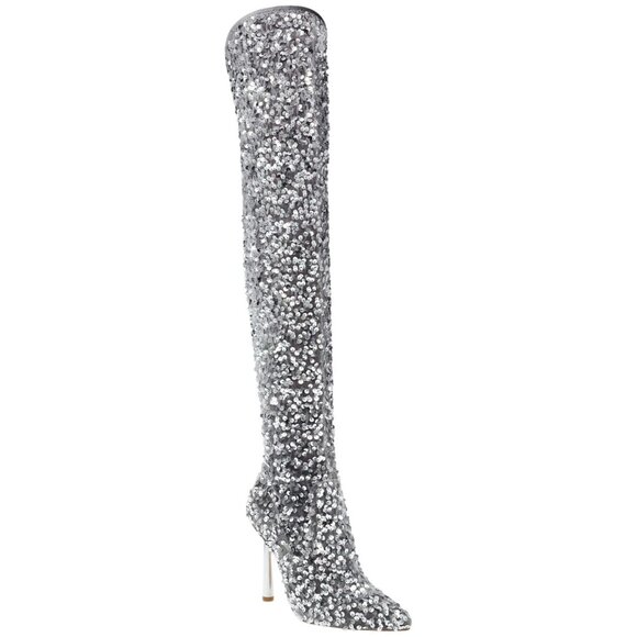 NWT Steve Madden Vivee Sequin Over-The-Knee Dress Boots Silver Sequin Gray 9.5M - Picture 1 of 13